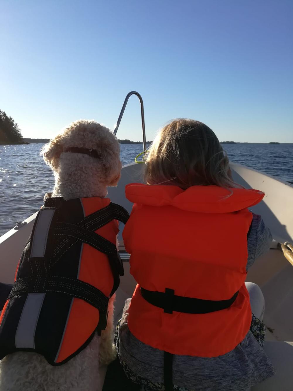 Ett barn och en hund som har flytvästar sitter i en båt och tittar framåt mot havet.